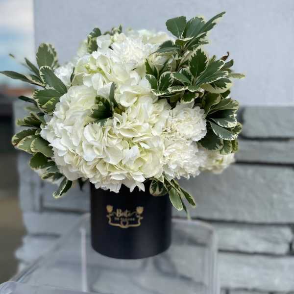 White hydrangea bouquet in a black hat box with variegated greenery