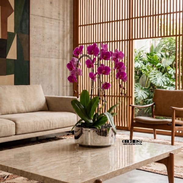 Potted purple orchid arrangement in a metallic planter on a coffee table