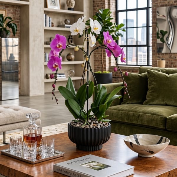 Potted orchid arrangement with white and pink blooms on a table