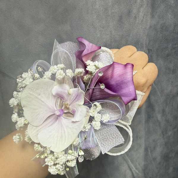 Purple lavender calla lilies corsage