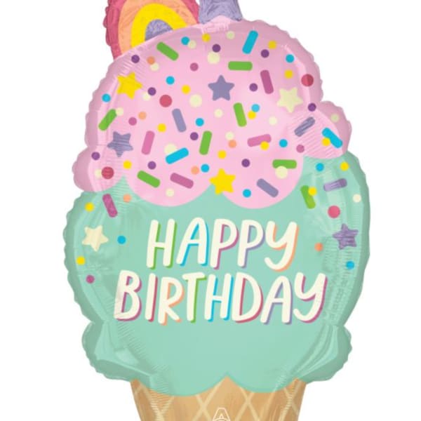 Birthday ice cream cone balloon with pastel colors and confetti