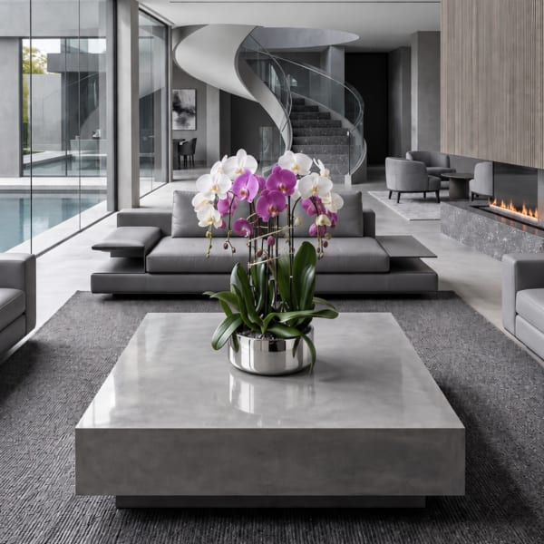 Potted orchids in white and purple on a modern table