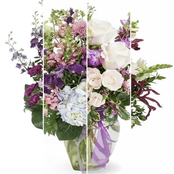 Mixed bouquet of white, purple, and pink flowers in a glass vase