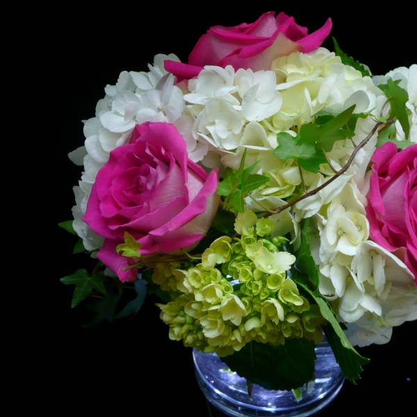 Compact arrangement of hot pink roses and white hydrangeas in a clear glass vase