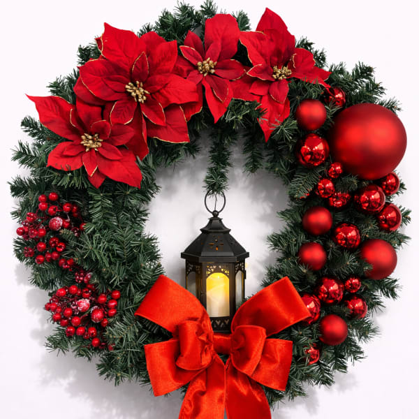 Holiday Magic Light Wreath - Red Poinsettia Lantern Arrangement