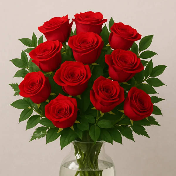 Bouquet of red roses in a clear glass vase