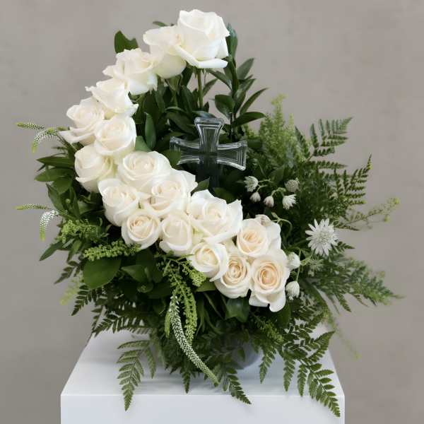 Heavenly Rose Tribute with Crystal Cross