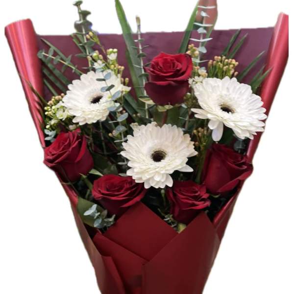 Bouquet of red roses and white gerbera daisies wrapped in burgundy paper