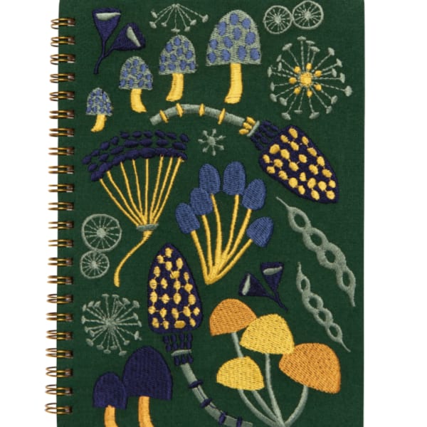 Embroidered notebook cover with colorful mushroom and floral motifs