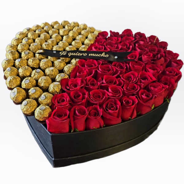 Heart-shaped box with red roses and gold-wrapped chocolates