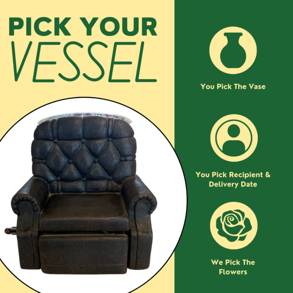 Black leather armchair-shaped vase with text and icons