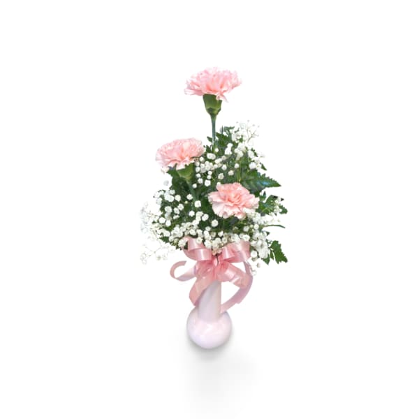 Pink carnations in a white vase with a pink ribbon