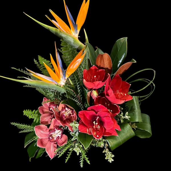 Tropical bouquet with red amaryllis and bird of paradise flowers