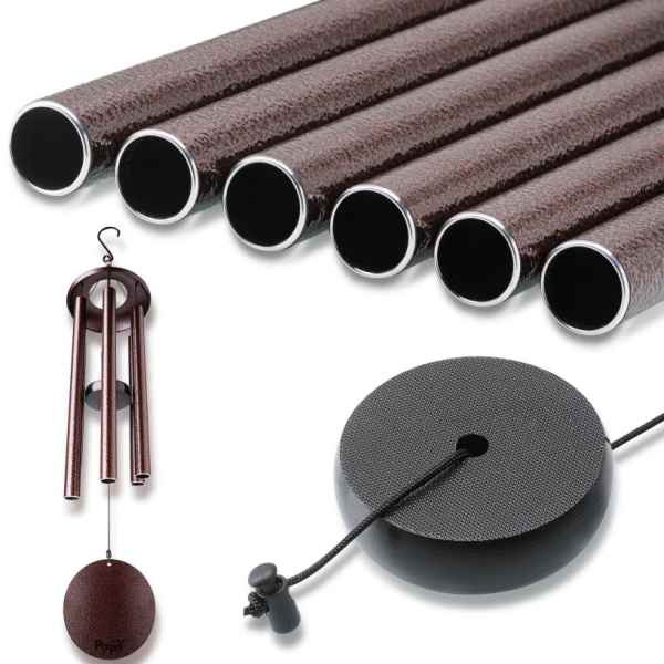 Set of burgundy metal wind chimes with a round black striker