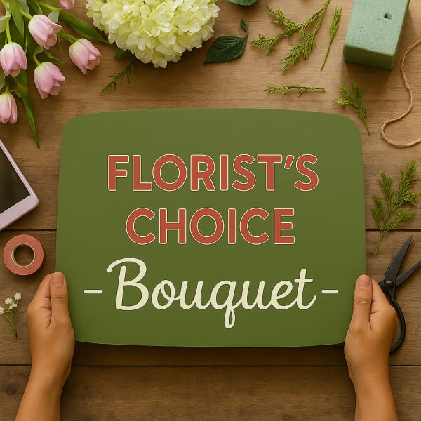 Hands hold a green sign reading "FLORIST'S CHOICE Bouquet" on a wooden table.