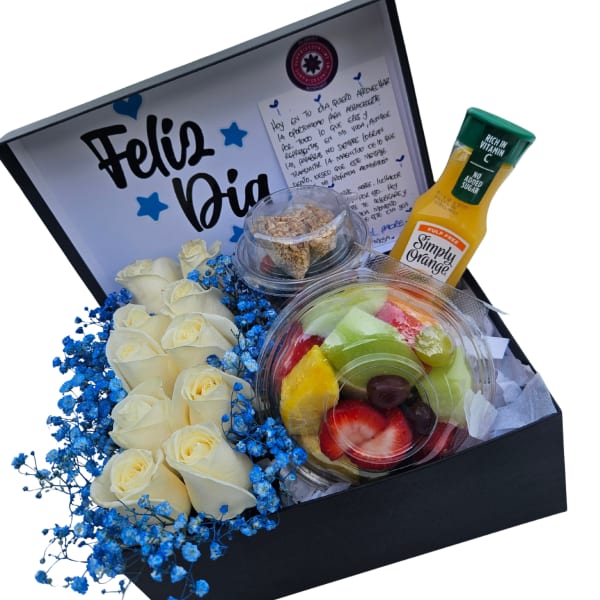 Gift box with white roses, blue flowers, fruit, and juice