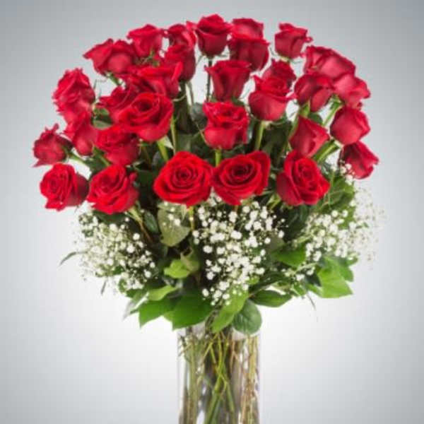 Tall arrangement of red roses with white filler flowers in a clear glass vase