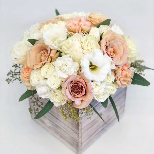 #94 - Large Wood box arrangement peach and white colors