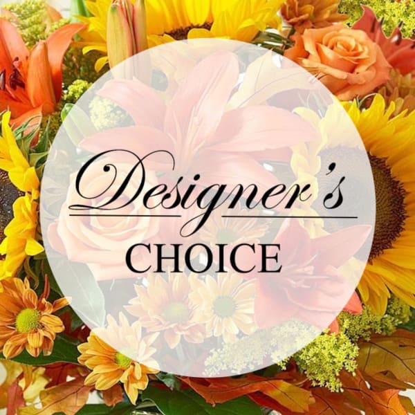 Colorful mixed flower arrangement with a "Designer’s Choice" overlay
