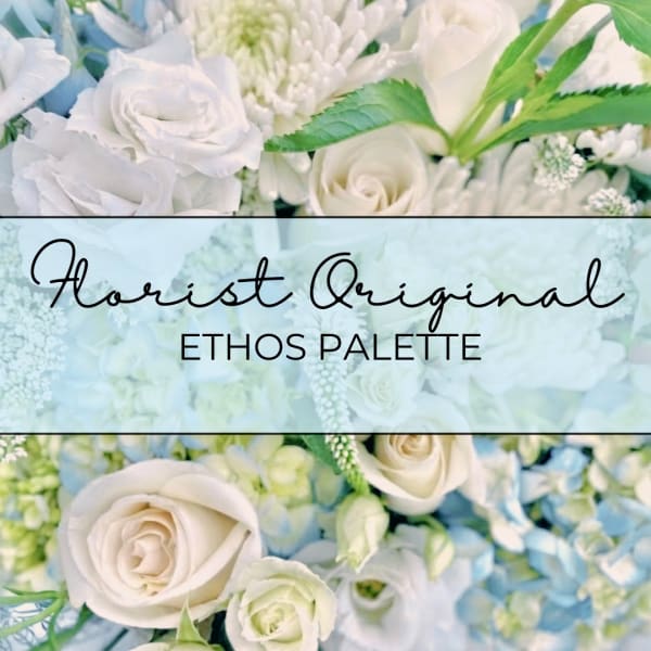 White roses and pale blue flowers with text reading "Florist Original ETHOS PALETTE"