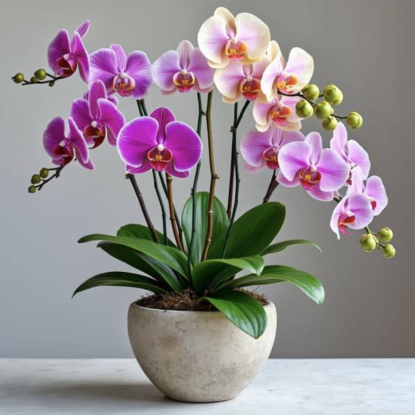 Potted orchid arrangement with pink and white blooms in a ceramic planter