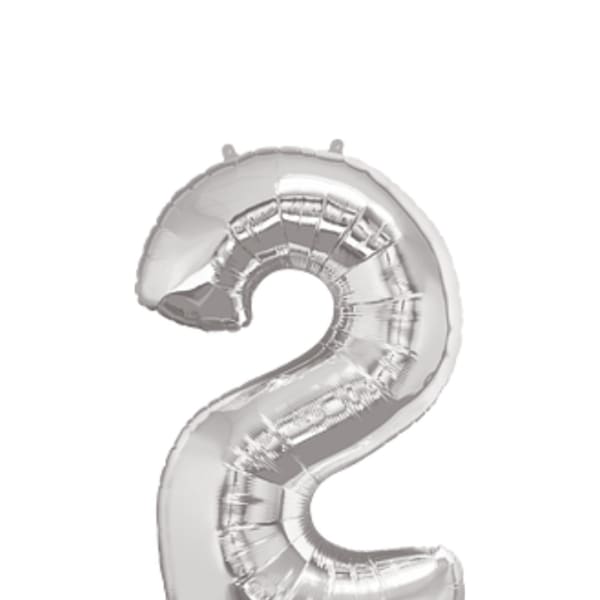 Silver foil balloon shaped like the number 2