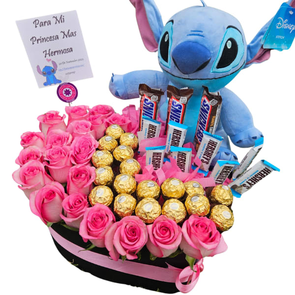 Pink rose arrangement with a Stitch plush and assorted chocolates