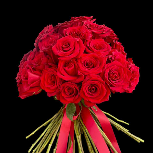 Bouquet of red roses tied with a red ribbon