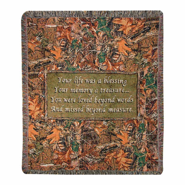 Memorial throw blanket with autumn leaves and a sympathy message