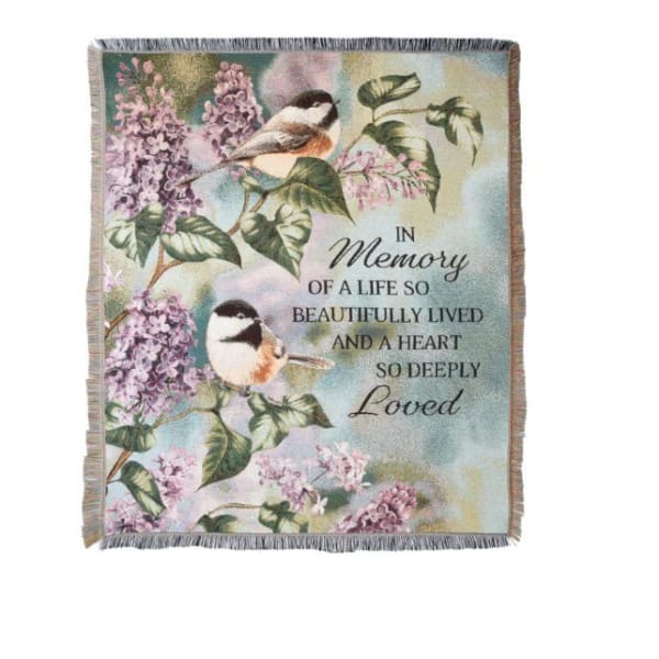 Printed memorial blanket with birds and lilac flowers