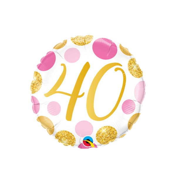 Round balloon with a gold "40" and pink polka dots