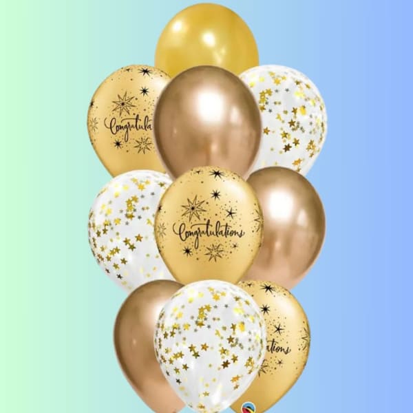 Cluster of gold and white congratulatory balloons with star patterns