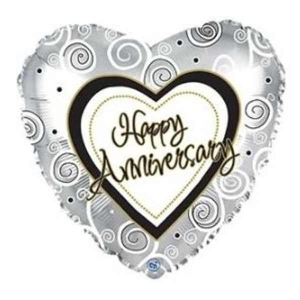 Heart-shaped silver balloon with "Happy Anniversary" text