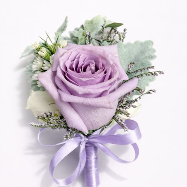 Lavender Rose Boutonniere for Wedding with Satin Ribbon