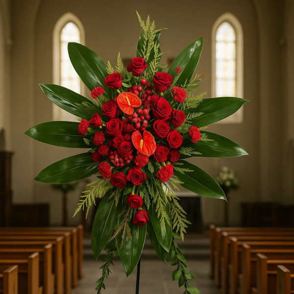 Tall red rose standing spray with tropical blooms framed by large green leaves