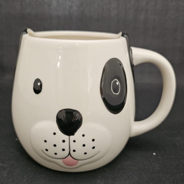 White dog-face ceramic mug with a handle