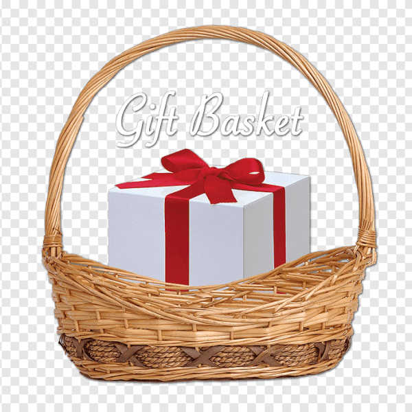 Wicker gift basket with a white present tied in a red ribbon