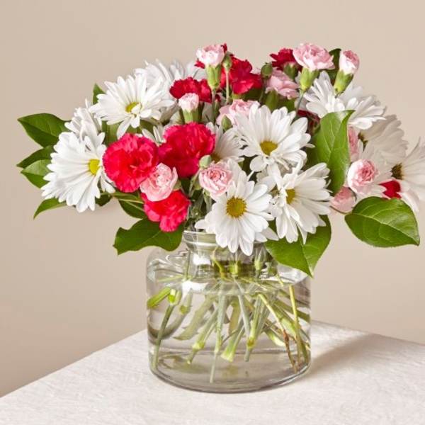 Bouquet of white daisies and pink carnations in a clear glass vase