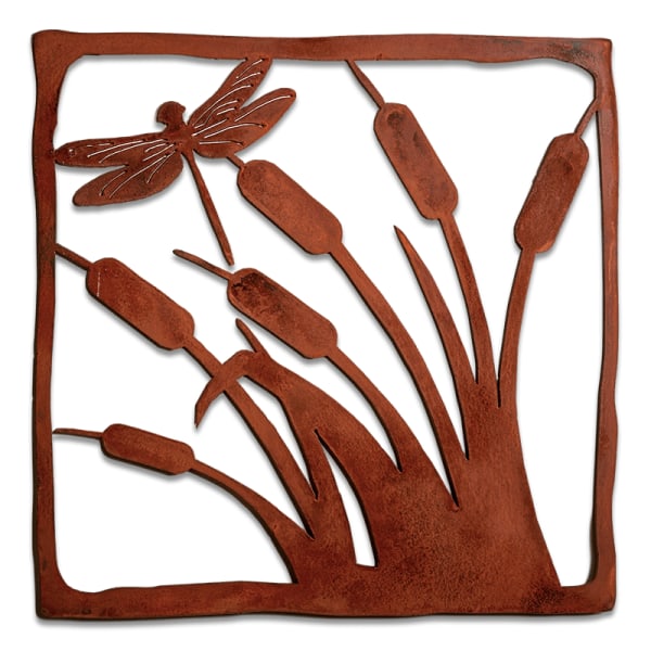 Rust-colored metal wall art with cattails and a dragonfly