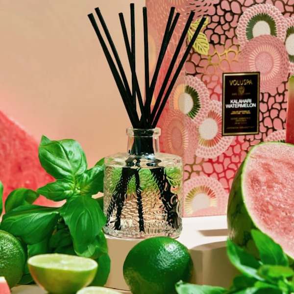 Glass reed diffuser with black sticks beside watermelon slices and green leaves