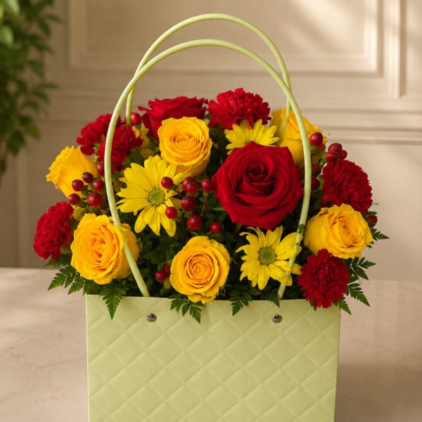 Basket arrangement of red and yellow roses with daisies and carnations