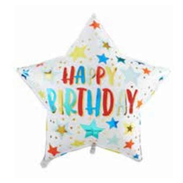 Star-shaped birthday balloon with colorful text and stars