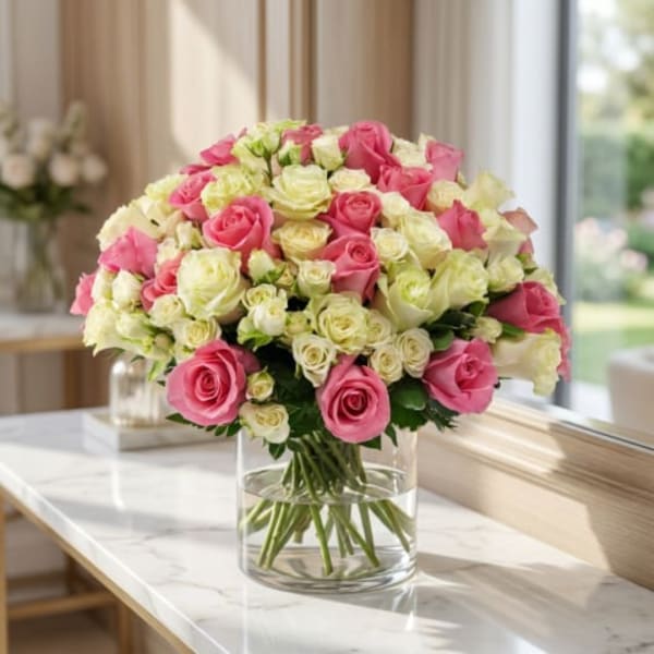 Pink and white roses arranged in a clear glass vase