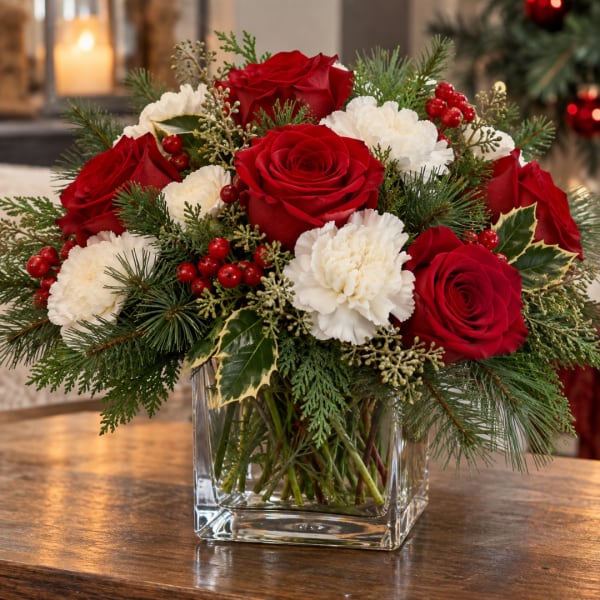 Red roses and white carnations in a clear square vase
