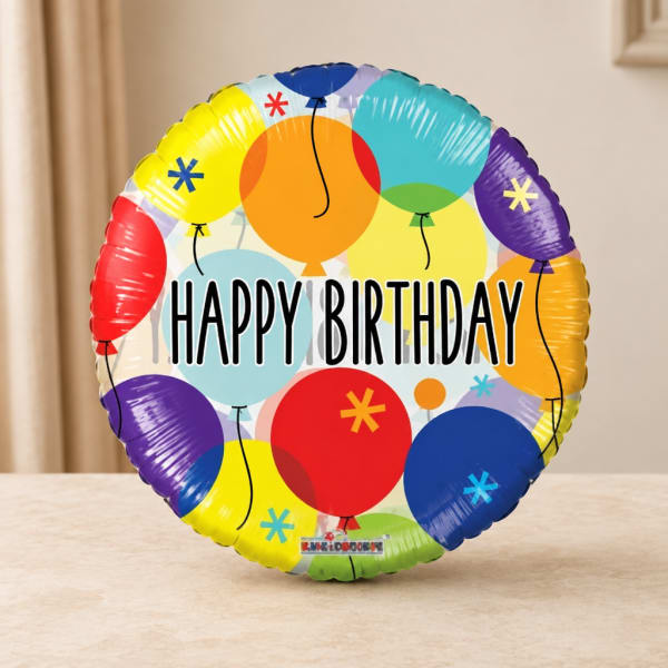 Round birthday balloon with colorful balloon graphics and "HAPPY BIRTHDAY" text