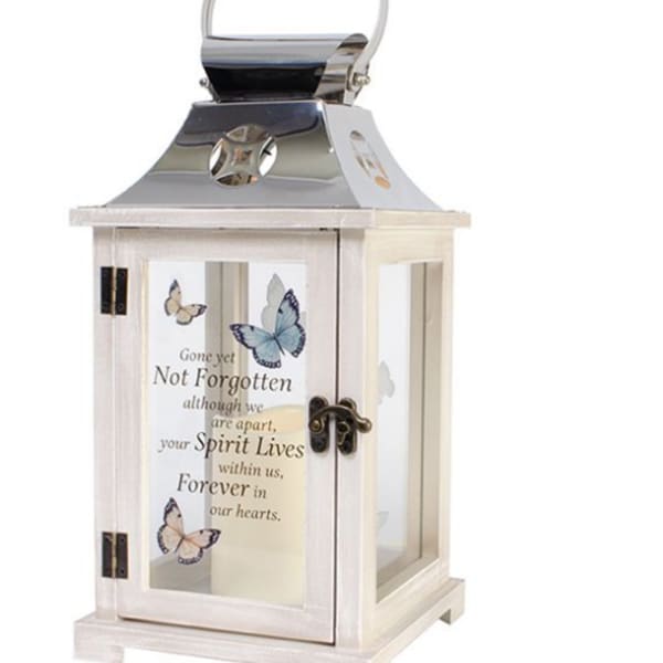 White memorial lantern with butterfly design and remembrance text