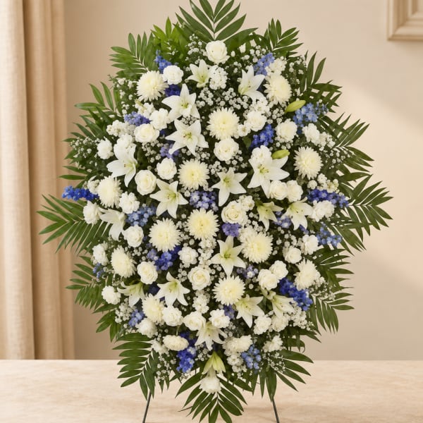 Large white and blue funeral spray with palm fronds