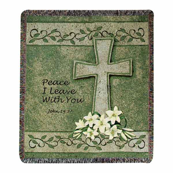 Green memorial blanket with a cross, flowers, and the words Peace I Leave With You