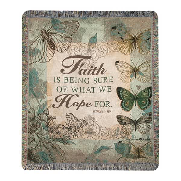 Decorative throw blanket with butterflies and a faith quote