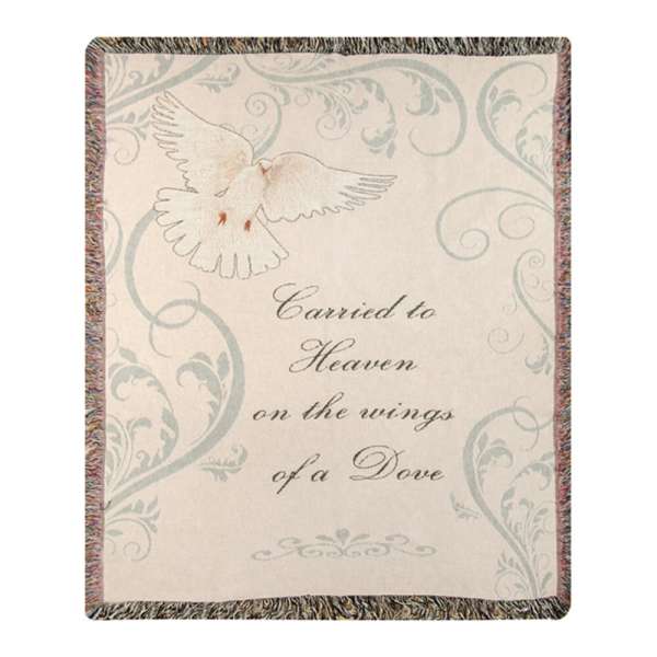 Decorative blanket with a dove and the words "Carried to Heaven"